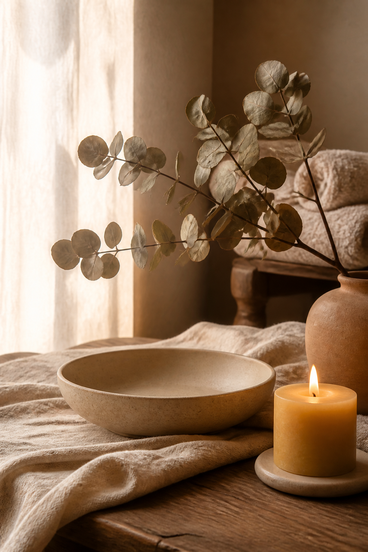 A serene still life of candlelight, eucalyptus, and ceramic bowls in warm natural light